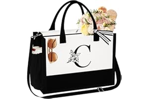 YOOLIFE Initial Canvas Beach Tote Bag with Zipper Adjustable Strap Tote Bag Bride Gifts Mothers Day Birthday Gifts for Women