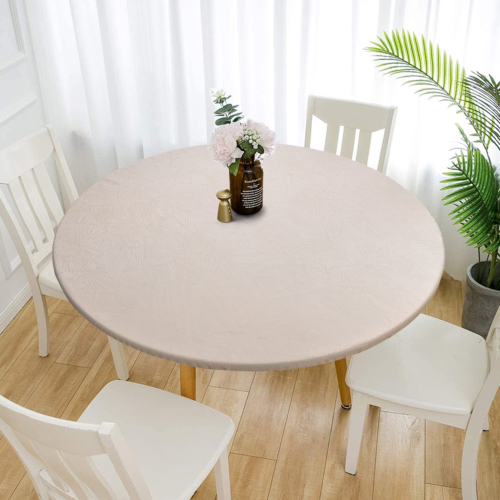 MINGPINHUIUS Elastic Edged Vinyl Round Fitted Tablecloth - Oil & Waterproof Wipeable Plastic Table Cover Indoor Outdoor Patio Round Fitted Vinyl Tablecloth, Plant Pattern (Beige, 120cm in diameter)