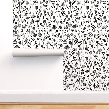 Spoonflower Peel And Stick Removable Wallpaper Floral Black Ivory Modern Botanical Nature Flowers Print Self Adhesive Wallpaper 12in X 24in Test Swatch Amazon Com amazon com