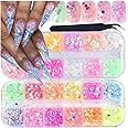Holographic Nail Art Glitter Iridescent Flakes Nail Foil 12 Grids and Mermaid Flake Glitter Sequins 12 Grids,Colorful Fluorescent Glass Acrylic Nails Supplies Sticker for Make Up DIY Decoration