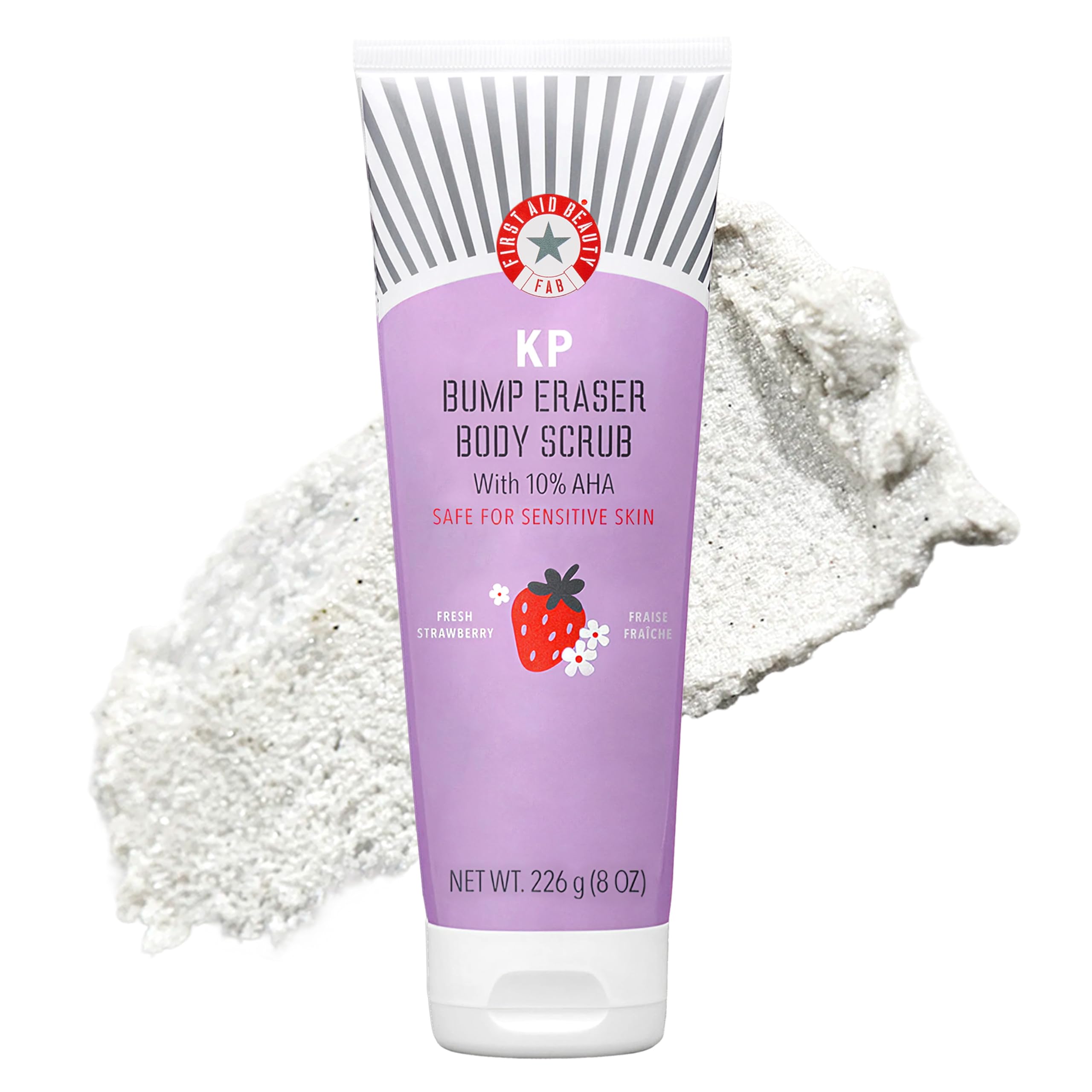 First Aid Beauty - KP Bump Eraser Body Scrub with 10% AHA, Keratosis Pilaris Exfoliater with Glycolic and Lactic acids, Helps Reduce Chicken Skin Bumps, Safe for Sensitive Skin, Strawberry Scent, 226g