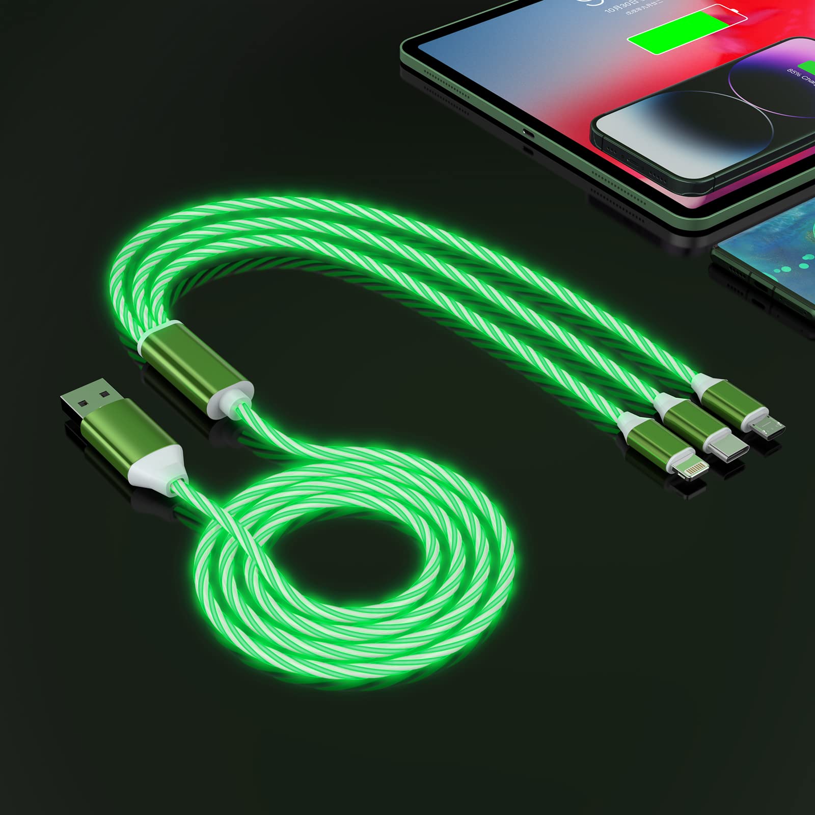 Photo 1 of 3-in-1 Multi USB Universal Flowing LED Light Up Phone Charge Cable? Lightning+Type C+Micro USB Glowing Charger Connector Cord for iPhone 14/13/12 Pro Max/XR/XS/8 7/SE,iPad/LG/Samsung/Pixel(4FT Green)