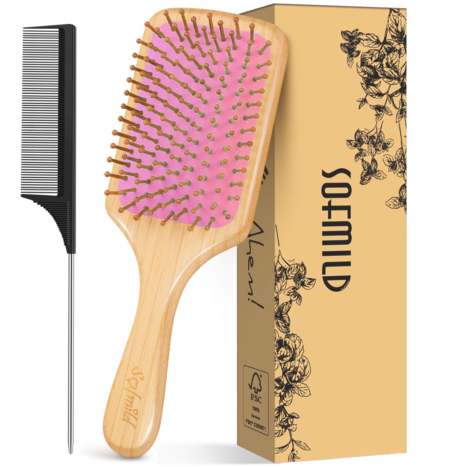 Hair Brush, Eco-Friendly Bamboo Paddle Hairbrush for Long Short Curly Thick Thin Hair for Men Women Kids, Massaging Scalp, Reducing Tangle & Hair Breakage, Promoting Hair Growth (Pink)