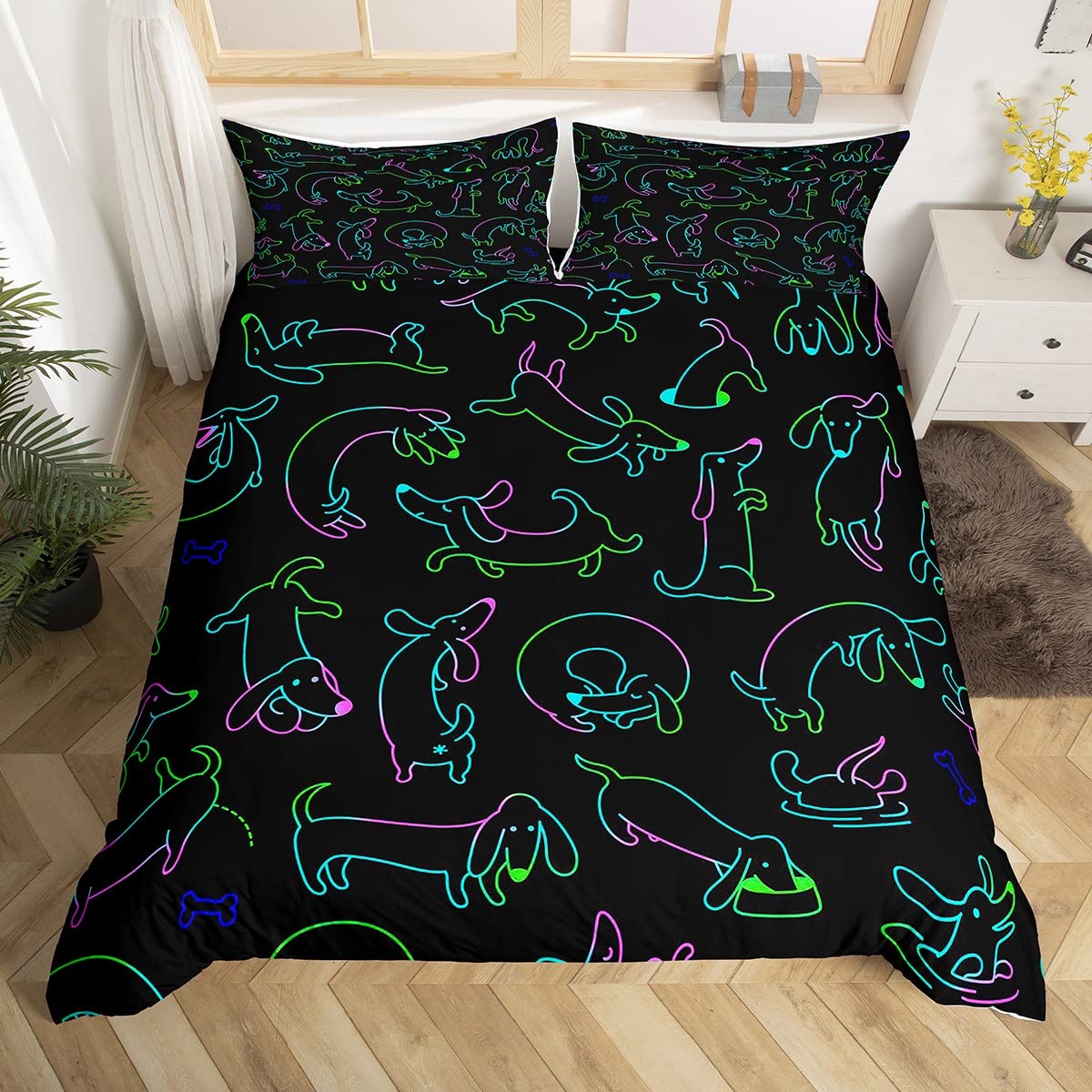 Cartoon Dog Cute Bedding Set Dachshund Duvet Cover for Kids Boys Girls Fluorescent Green Pink Blue Comforter Cover Animal Bedspread Cover 2Pcs Single Size