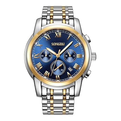 SONGDU D-9215M Chronograph Two-Tone Gold-Plated Blue Dial Mens Wristwatch | Analog Business Quartz - Date Display