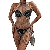 EeAmzQc Womens Rhinestone Sheer Mesh Dress with Tassels Neck Backless Crystal Body Chains Sleeveless Fishnet Cover Up