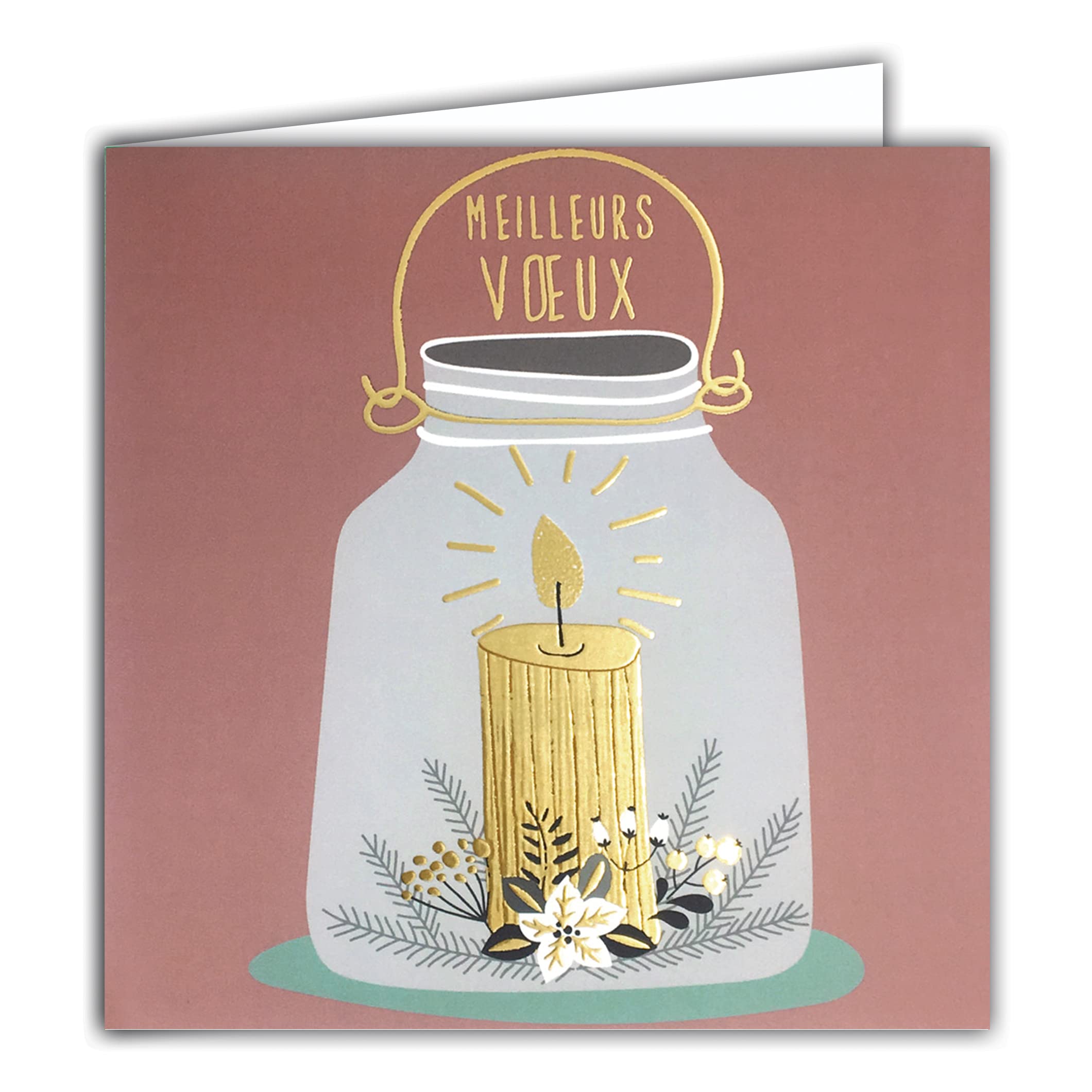 Afie 23045 Square Card Happy New Year Best Wishes Candle Gold Shiny Lantern Tealight Holder Flower Berry Fir Holiday - With White Envelope