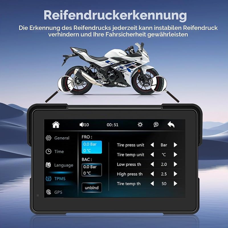 7" Motorrad CarPlay Display, IPX67, Dual Bluetooth, Kompatibel mit TPMS — Foto 5 von 6