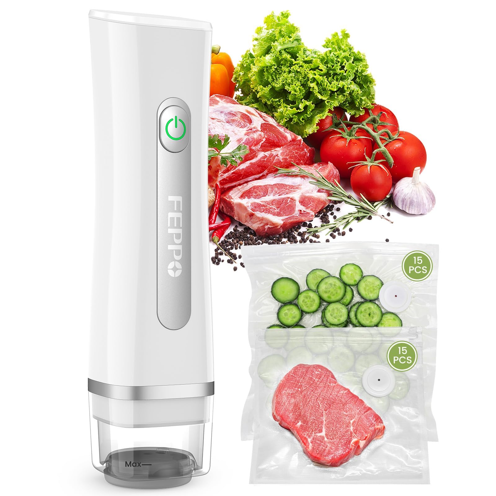 FEPPO Vacuum Sealer for Food with Visible Water Tank, Handheld Saver Compact Vacuum Sealer Machine with 30 Reusable Bags for 6X Preservation & Fresh, White Image