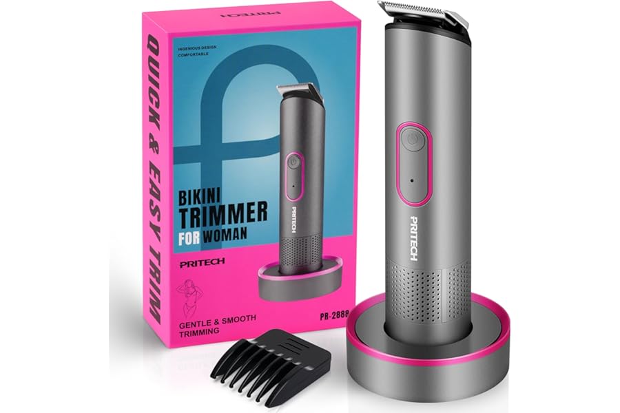 PRITECH Bikini Trimmer for Women – Rechargeable Pubic Hair Trimmer for Sensitive Skin, Wet&Dry Use, Pain-Free Electric Razor&Shaver with Standing Recharge Dock, Ideal Gift for Women, Slate Grey
