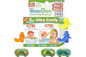WaterDam Swimming Ear Plugs Great Waterproof Ultra Comfy Earplugs Prevent Swimmer's Ear (Size 1+2+2: Toddlers (Orange) & Kids
