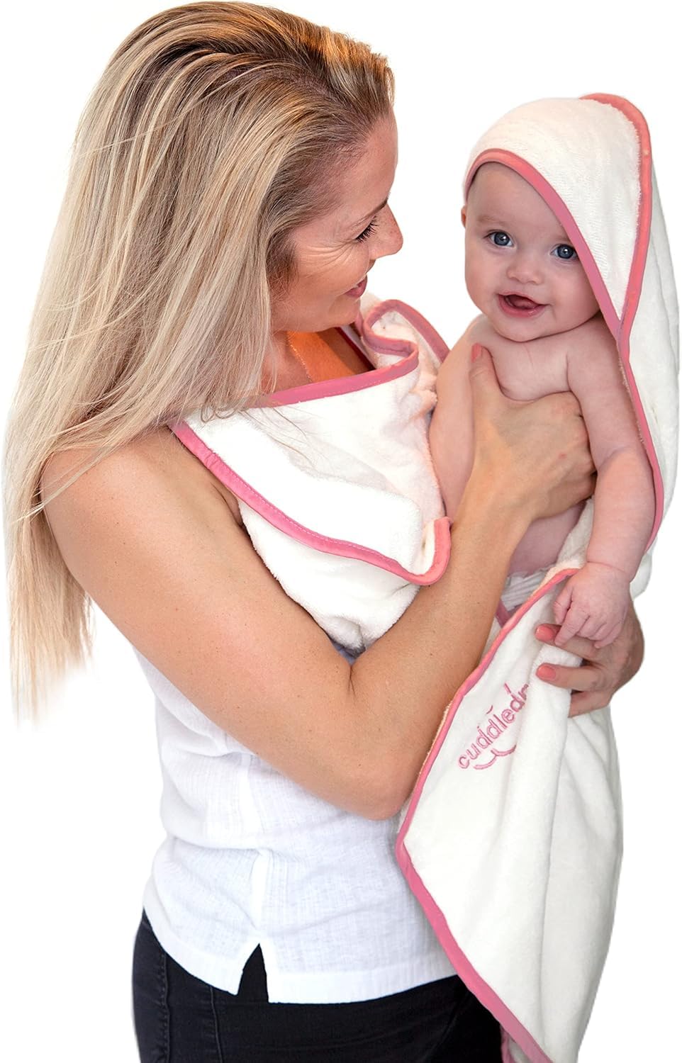 Cuddledry Hands Free Baby Bath Towel | Luxuriously Soft Bamboo & Cotton Hooded Baby Towel | Apron Towel for Safe Babies Bathtime | Perfect Newborn Gift | Pink Edging