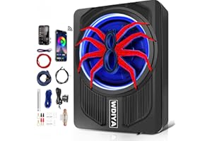 WDiYA Upgraded 10" 1200W Slim Under Seat Powered Car Subwoofer with Built-in Amplifier - Low Profile Bass Sub for Car & Truck Audio - Includes Wiring Kit & LED Ambient Lights