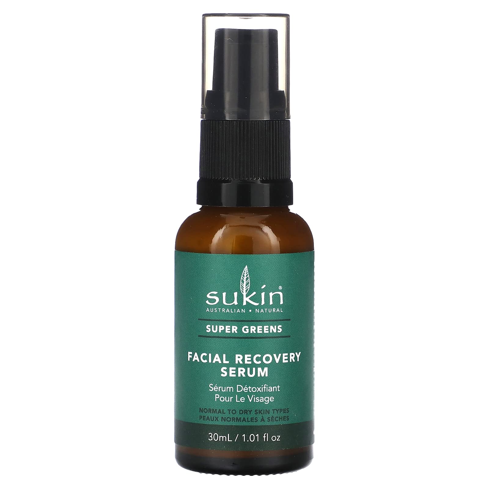 Sukin Super Greens Facial Recovery Serum 30ml- with Acai & Goji Berry; cruelty free & vegan friendly - has a light consistency for speedy absorption & infused detoxifying ingredients.