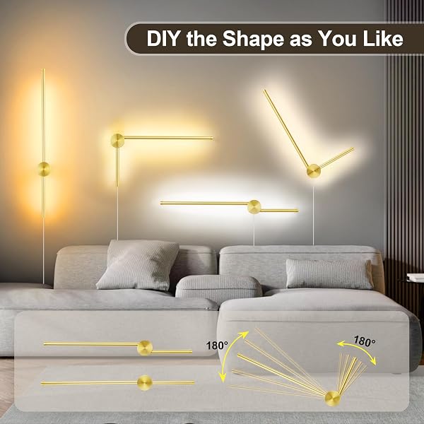 GOODATE WALL SCONCES SET OF TWO WITH REMOTE, STEPLESS COLORS 3000K-6500K & STEPLESS DIMMING, HARDWIRE OR PLUG-IN, 180° ROTATE, LED GOLD PLUG IN WALL SCONCES WITH TIMER & NIGHT LIGHT, 23.6 INCHES