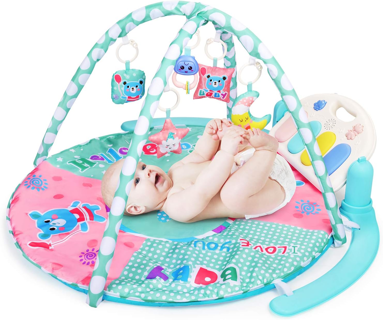 WloveTravel Large Baby Play Gym Mat, Kick and Play Piano Gym - 5 Toys & Musical Activity Baby Toddler Infants Play Gym for 0-36 Month Boys and Girls (Not Include Batteries)