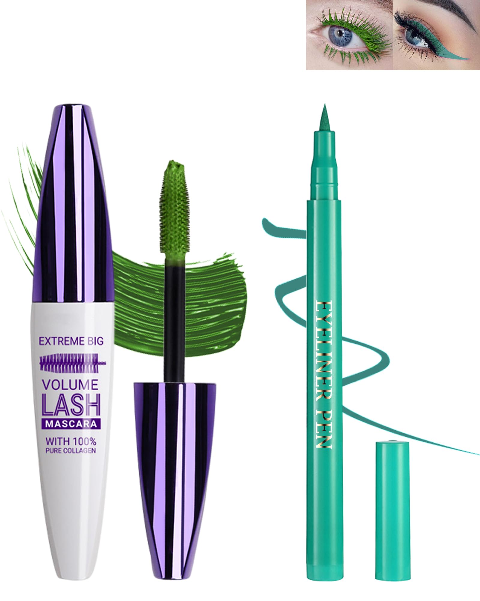 Green Waterproof Mascara & Eyeliner Set, 5D Silk Fiber Liquid Lash Extensions Colored Tubing Mascara Volume and Length, Long Lasting, Smudge-Proof Curling Non-Clumping & Smooth Eyeliner Pen for Women