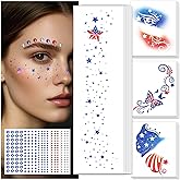 Labor Day Glitter Freckles & Gems, Face Tattoo for Women Makeup Decorations | Patriotic Sticker with American Flag, Red White and Blue & Usa Accessories, 4th of July, Memorial day, Independence Day Decor