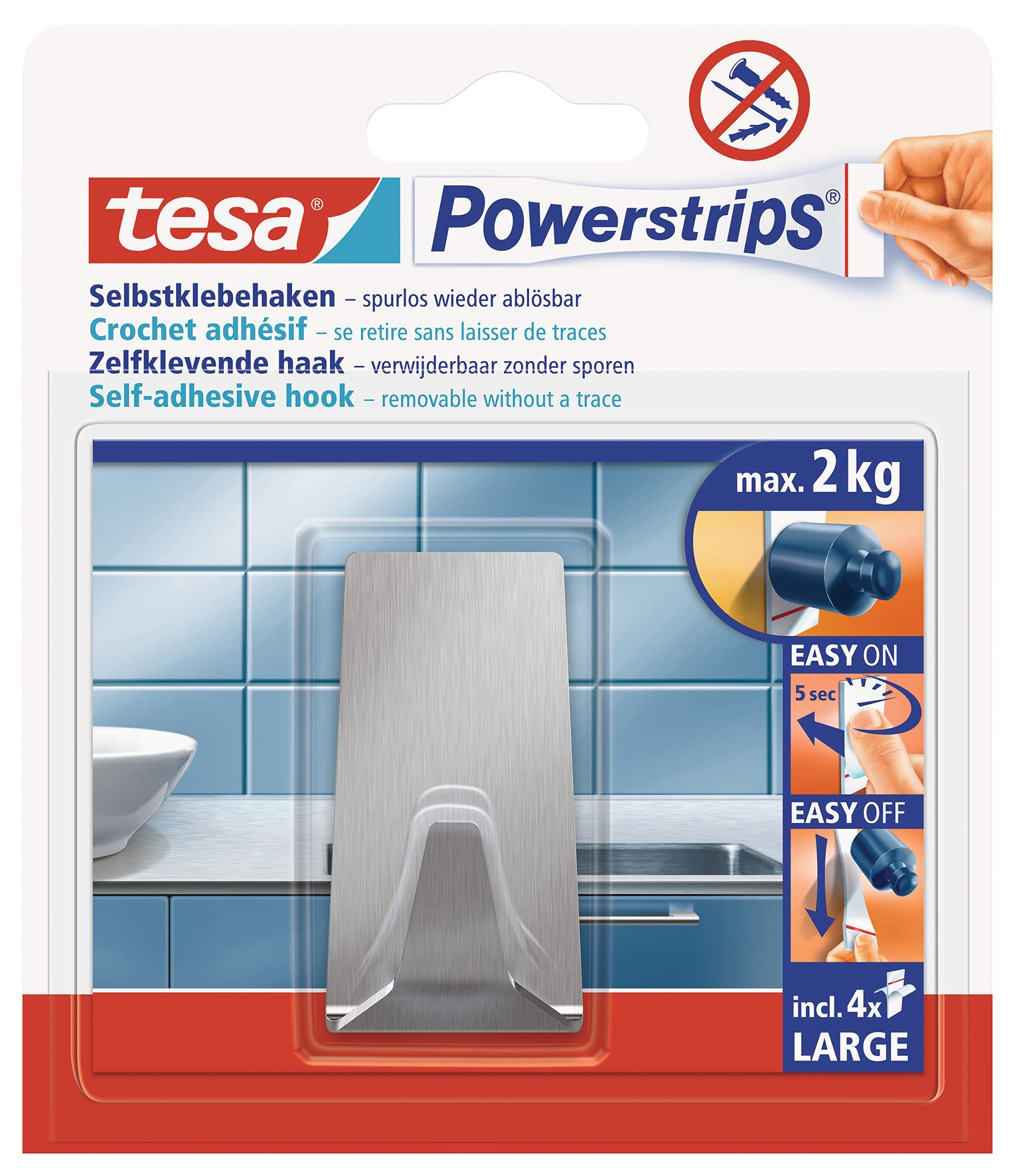 tesa Powerstrips Hook - Self-Adhesive Wall Hook for Glass, Tiles, Wood, Plastic and Other Surfaces - Metal Rectangular Hook - Powerstrips Technology - Large