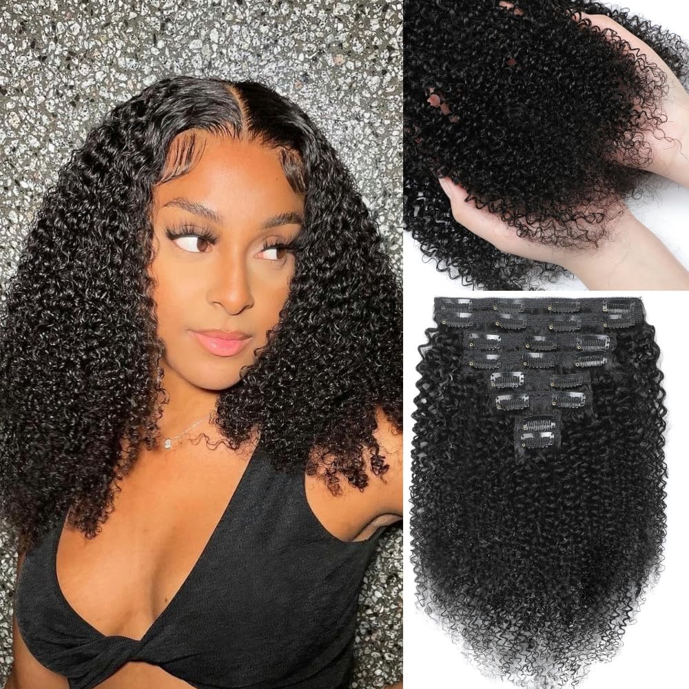 YDDM Kinky Curly Clip ins Human Hair Clip in Hair Extensions for Black Woman Full Head Brazilian Virgin Human Hair Natural Black Double Weft Clip ins 22 Inch 120g 8pcs 20Clips