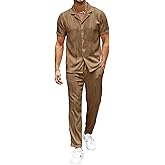 UOUA Mens 2 Piece Outfits Summer Casual Short Sleeve Button Down Shirt & Long Pants Sets Beach Vacation Suits Tracksuits