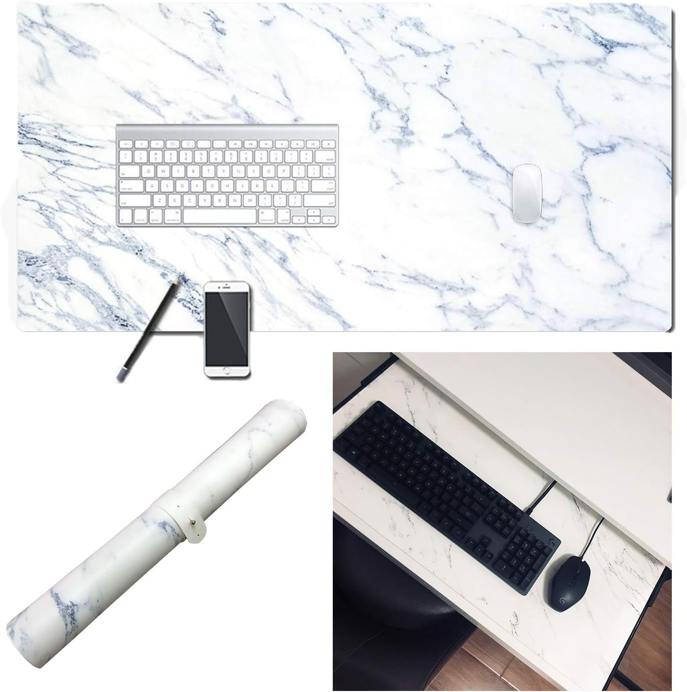 Extended PU Leather Mouse Pad Mat Large Office Gaming Table Desk Mousepad for PC Computer MacBook iMac Keyboard Phone Waterproof Washable Anti-Slip Ultra Thin 2mm - 31.4'' x 15.7'' rnairni Marble