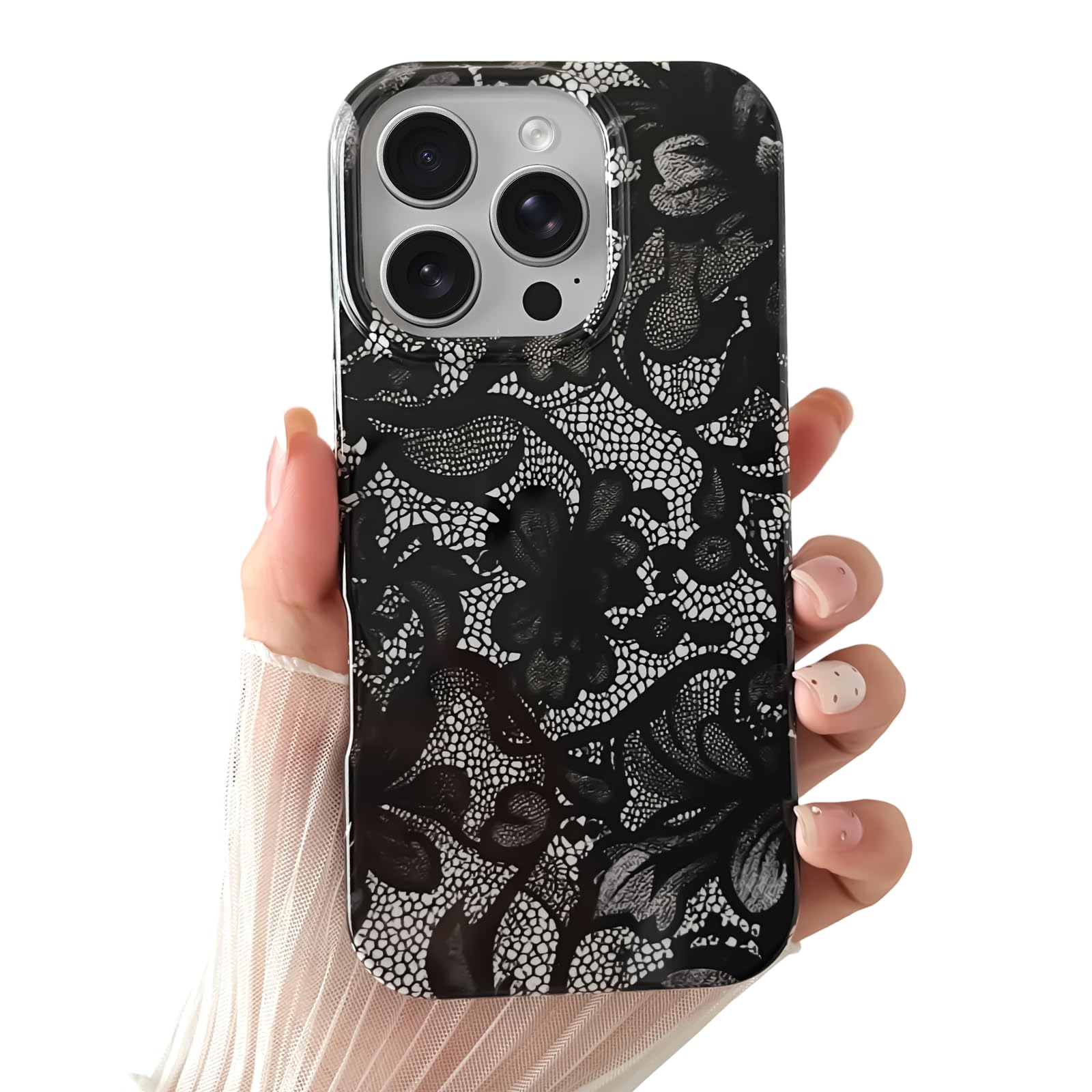 SmoBea for iPhone 13 Pro Max Case Aesthetic Vintage Flower Lace Phone Case Soft TPU Slim Shockproof Phone Cover for Women Girls, Black