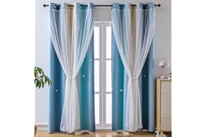 indistar Star Blackout Curtains for Girls Kids Bedroom, Colourful Stripe Window Curtain Panels, 2 Layer Lace Drapes, Room Darkening Curtain for Living Room Decor, 1 Panel（Blue W52 x L95 inch）