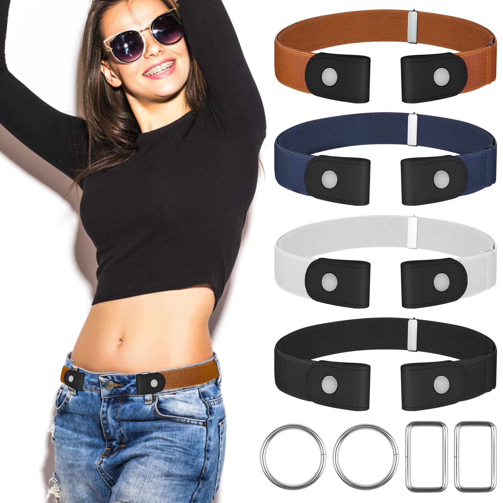 Photo 1 of ?4 Pcs?No Buckle Stretch Belt for Women and Men Elastic Waist Belt Invisible Belts for Jeans Pants (4Pcs Set A, L-XXL:Waist Size 32''-49'')