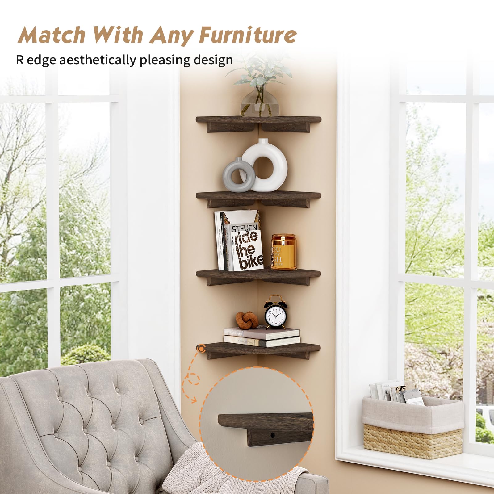 Forbena Floating Corner Shelves for Wall Set of 4, Small Corner Bookshelf for Bedroom Books, Round Wooden Corner Shelf Wall Mount for Bathroom Plants, Kitchen, Living Room Decor (Dark Brown)