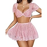 Avidlove Lingerie Sets for Women Sexy Mesh Top Lingerie Skirts 3 Piece Lace Babydoll Dress S-XXL