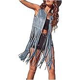 BEAUDRM Women's Fringe Vest Sleeveless 70s Hippie Faux Suede Trim Western Cowgirl Tassel Jacket Cardigan