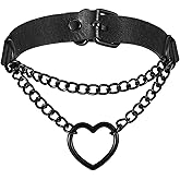 Gtziqa Double Chain Love Heart Choker Necklace, Black Choker Collar Necklace Adjustable Leather Punk PU Chain Chokers Punk Rock Accessories Gothic Rock Goth Chokers for Women