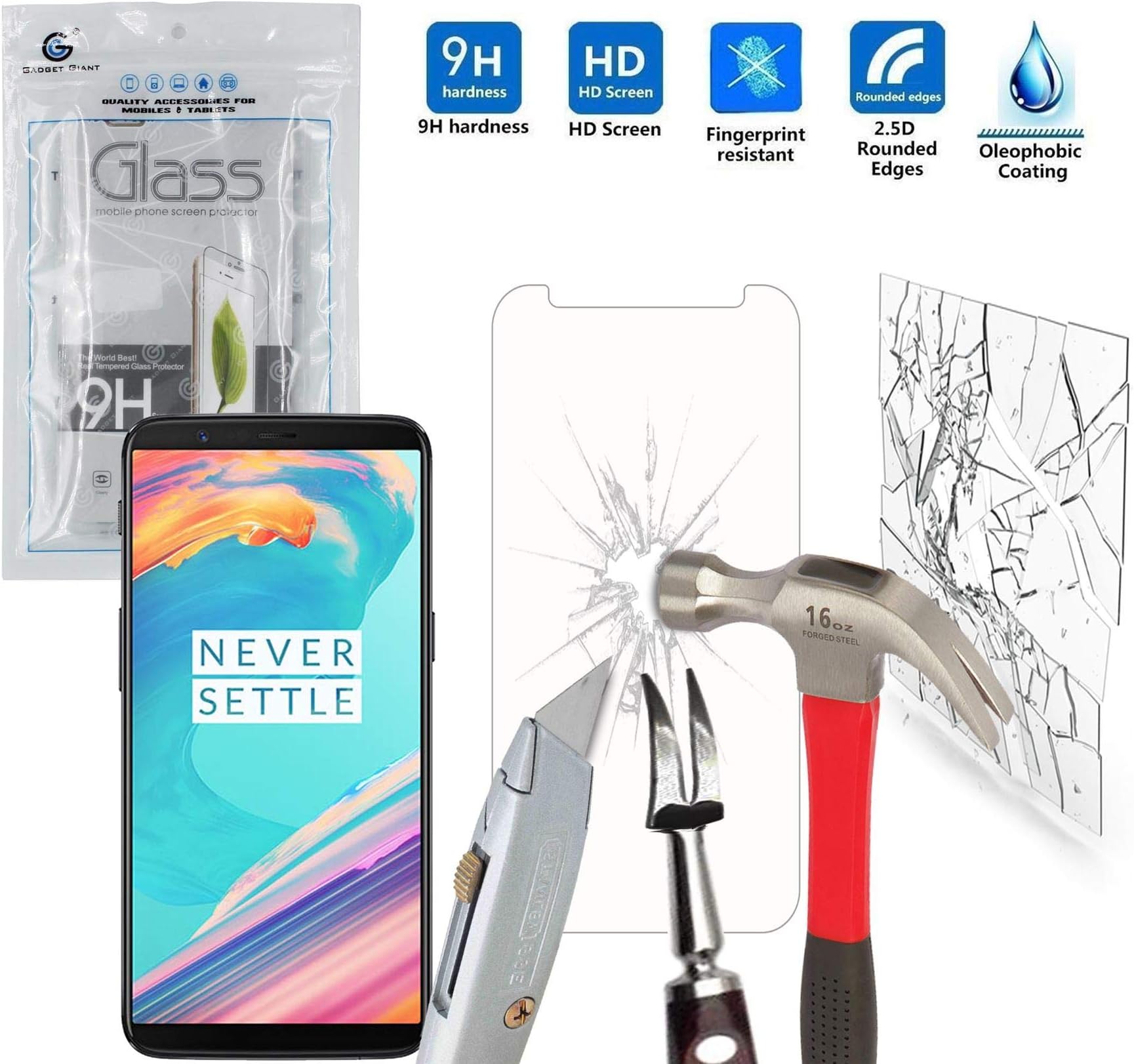 Gadget Giant Tempered Glass Screen Protector for OnePlus 5T [Shatterproof] [9H Hardness] [Easy Bubble-Free Installation]