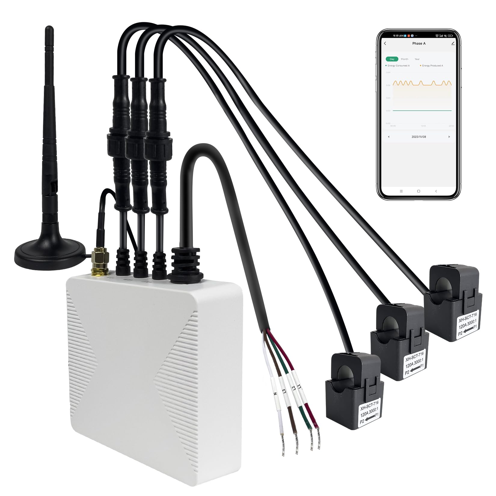OWON 3 Phase WiFi Smart Home Energy Monitor with 3 120A Circuit Level Sensors and Real Time Electricity Monitoring