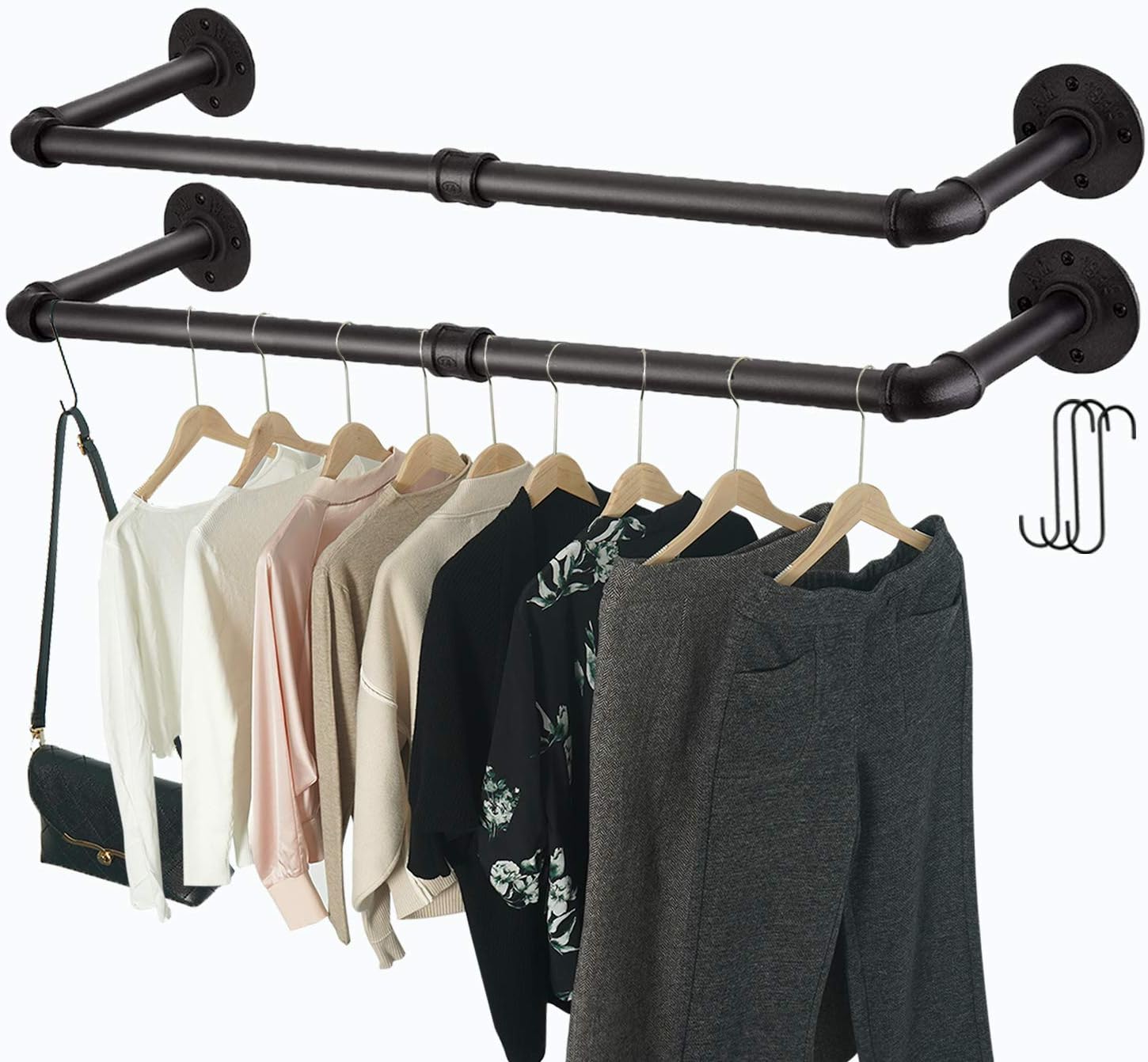 Crehomfy Industrial Pipe Clothes Rack with 3 SShaped Hooks, 36’'L Wall Mounted