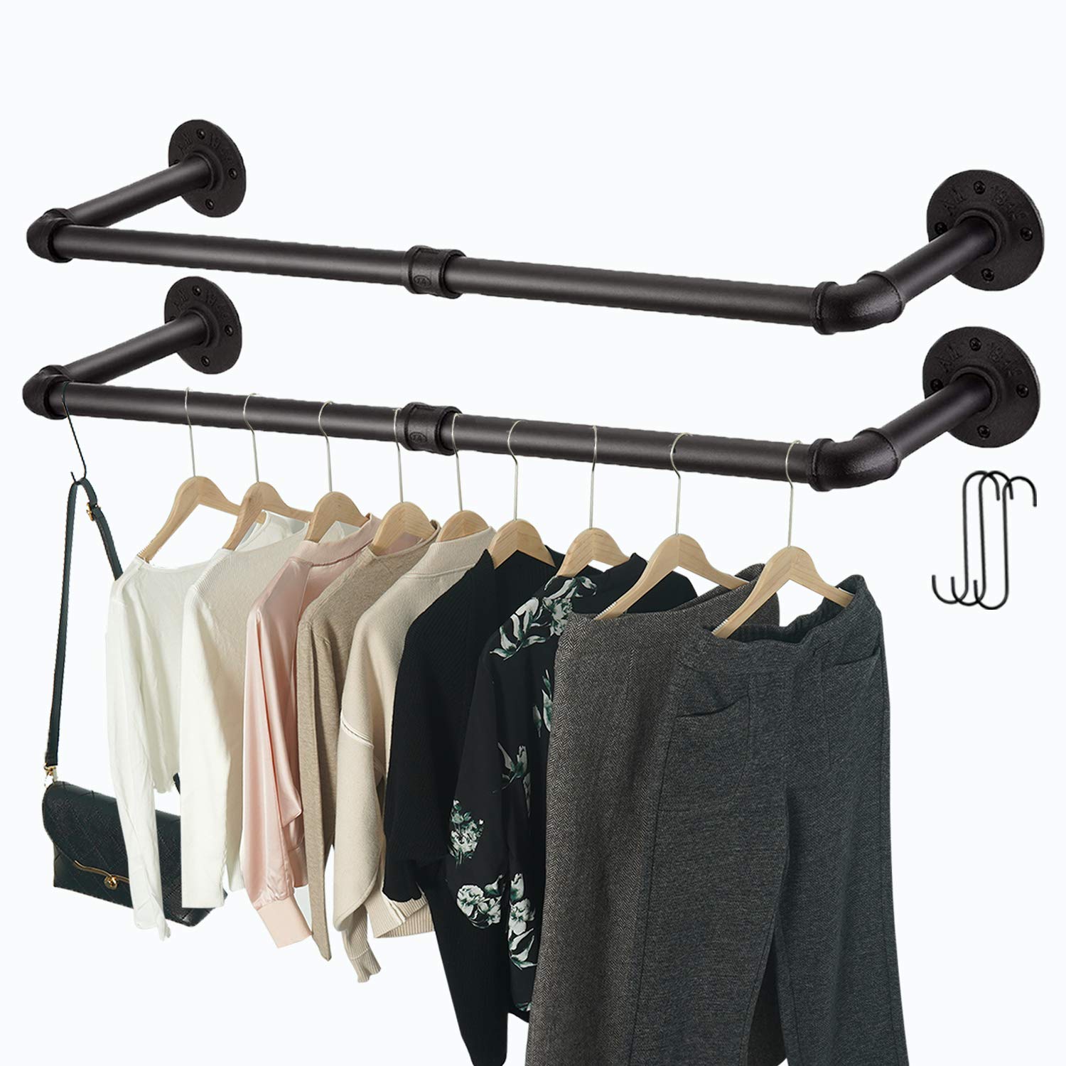 Photo 1 of Crehomfy Industrial Pipe Clothes Rack with 3 S-Shaped Hooks, 36’'L Wall Mounted Garment Rack, Heavy Duty Iron Garment Bar, Clothes Hanging Rod Bar for Laundry Room, Max Load 135Lb Black (2 Package)