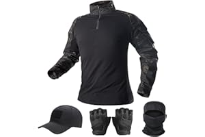 SANYETS Mens Tactical Camo Shirt, Long Sleeve 1/4 Zip Combat Shirt, Military Pullover Top Cap Gloves Balaclava, Airsoft Gear