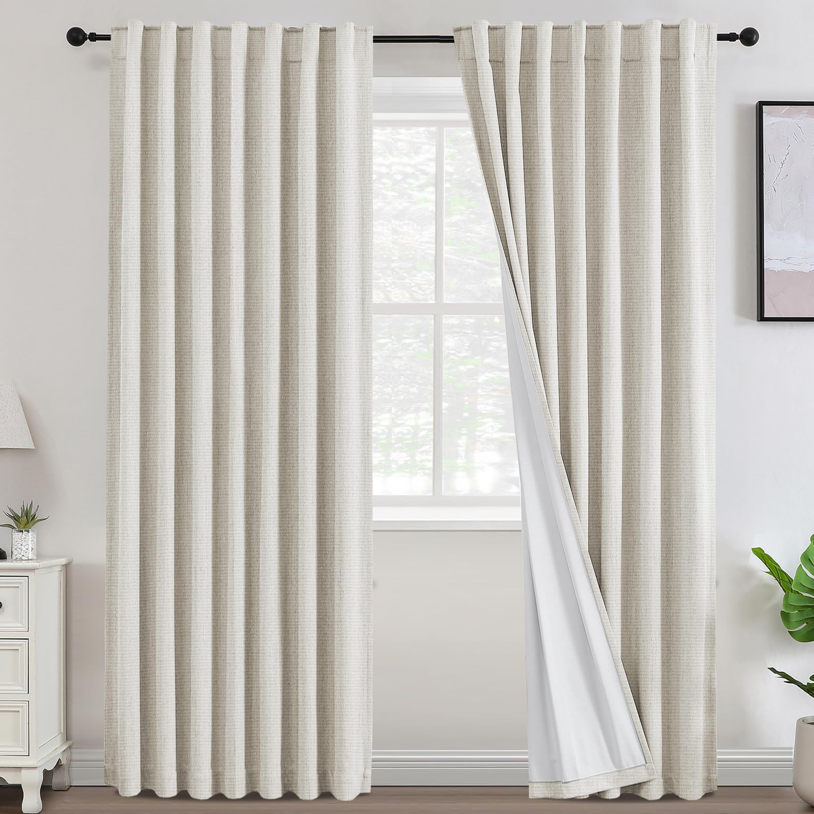 Photo 1 of 100% Blackout Curtains Ivory Linen Curtains For Bedroom Cream Beige Chenille Curtains Thermal Insulated 84 Inches Long Nursery Drapes with White Flocking Coating Back, 52" W x 84" L, Ivory(Not Solid)