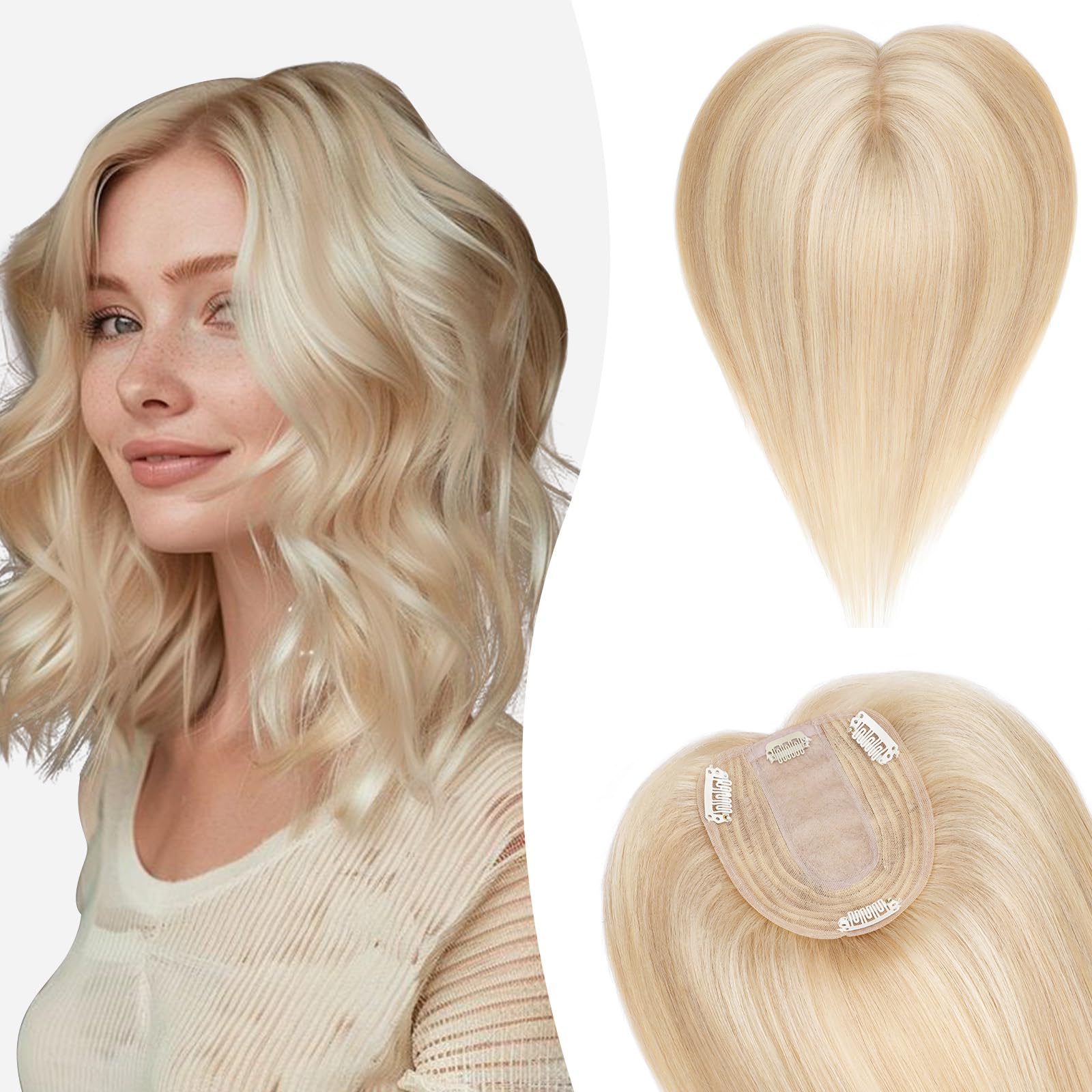 Silk-co 16inch Hair Topper for Thinning Hair Women Clip in Real Remy Human Hair Extensions Top Piece Base Size 10 * 12cm Silk+Lace Base (#18P613 Ash Blonde&Bleach Blonde) — image 1