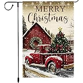 Red Truck Christmas Garden Flag 12x18 Inch Double Sided Small Burlap Yard Decoration Vintage Farmhouse Holiday Flag Outdoor Winter Merry Christmas Decor