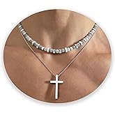 LGEPAH 2PS Cross Necklace for Men - Black Obsidian Necklace - 6mm Healing Crystals Beaded Choker Necklace Stainless Steel Cross Pendant Jewelry Gifts for Men