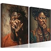 Funny Bathroom Wall Art Set of 2, African American Stank Face Bathroom Wall Decor Painting, Humor Ebonic Embrace Poster Canvas Prints Black People Woman Pictures Artwork 12x16 inch Framed