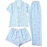 Verdusa Women's 3 Piece Cute Bow Plaid Pajama Set Button Down Short Sleeve Top and Shorts with Pants