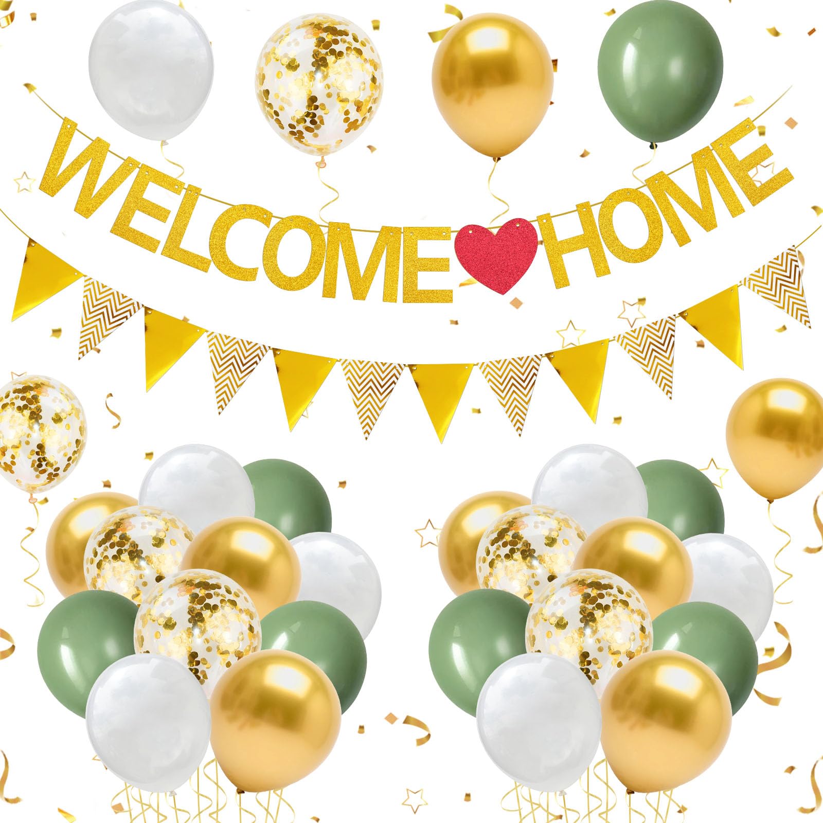 Yueshop Welcome Home Decoration Set - Green White and Gold Sequin Balloon Decorations with Pennant Flag Bunting for Baby Shower Party Supplies