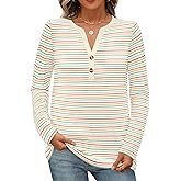 MEROKEETY Women's Fall Long Sleeve Striped Henley Tops V Neck Dressy Casual Loose Shirt 2025 Trendy Blouse