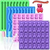 LUSHYUM Large Gummy Bear and Worm Mold Silicone, 4 PCS No Stick Chocolate Candy Gummy Molds for Edibles with 2 Droppers & Bru