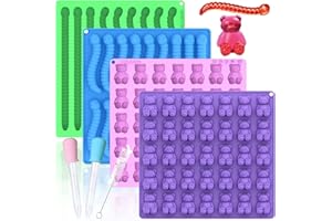 LUSHYUM Large Gummy Bear and Worm Mold Silicone, 4 PCS No Stick Chocolate Candy Gummy Molds for Edibles with 2 Droppers & Bru