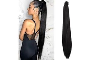 SEIKEA 35 Inch Clip in Ponytail Extension Wrap Around Long Straight Pony Tail Hair Synthetic Hairpiece for Women - Black