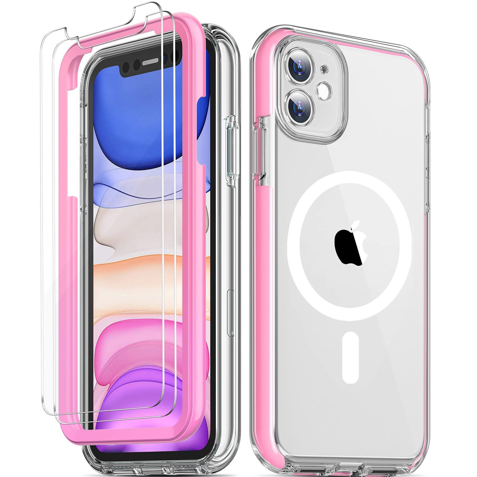 COOLQO Magnetic for iPhone 11 Phone Case with Screen Protectors, Compatible with MagSafe, Military Grade Drop Protection, Dual Layer Heavy Duty Protective Shockproof Phone Case 6.1 inch, Pink